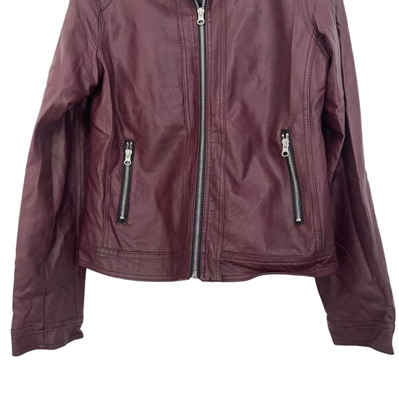 Me Jane Womens Burgundy Faux Leather Moto Jacket Size L Zip Pockets - Picture 11 of 12
